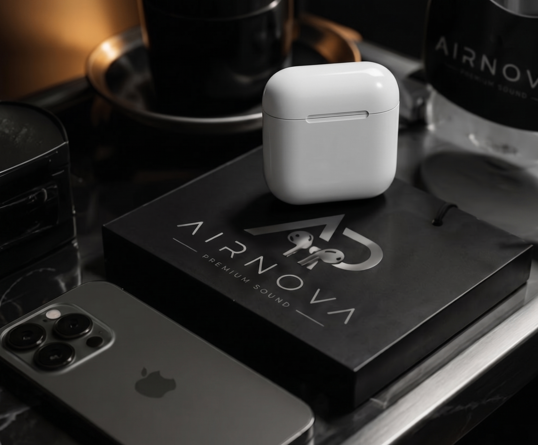 Estuche AirNova sobre caja premium junto a iPhone